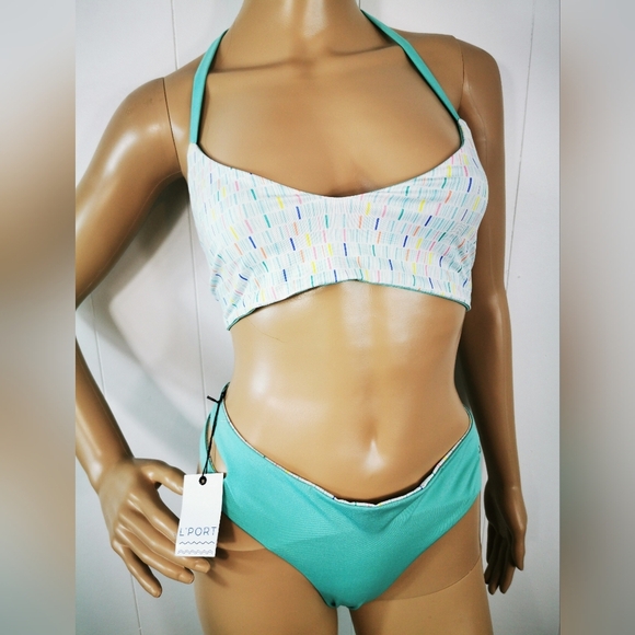 NWT L'PORT Reversible Bikini Set Size Large Tropical Teal & White Confetti Print - Picture 2 of 7